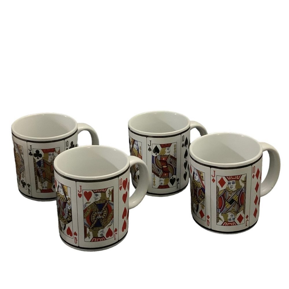 Vtg Poker Mugs Coffee Cups Set of 4 Trisa Stoneware 12 oz Face Cards All 4 Suits